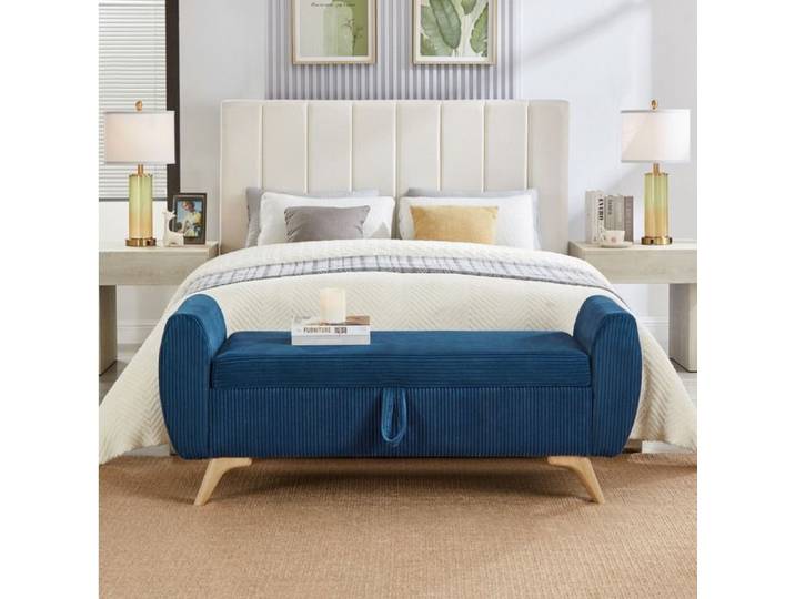 COVREO Banquette coffre pliable en velours côtelé bleu rangement intégré pieds en bois 145 x 51 x 57 cm
