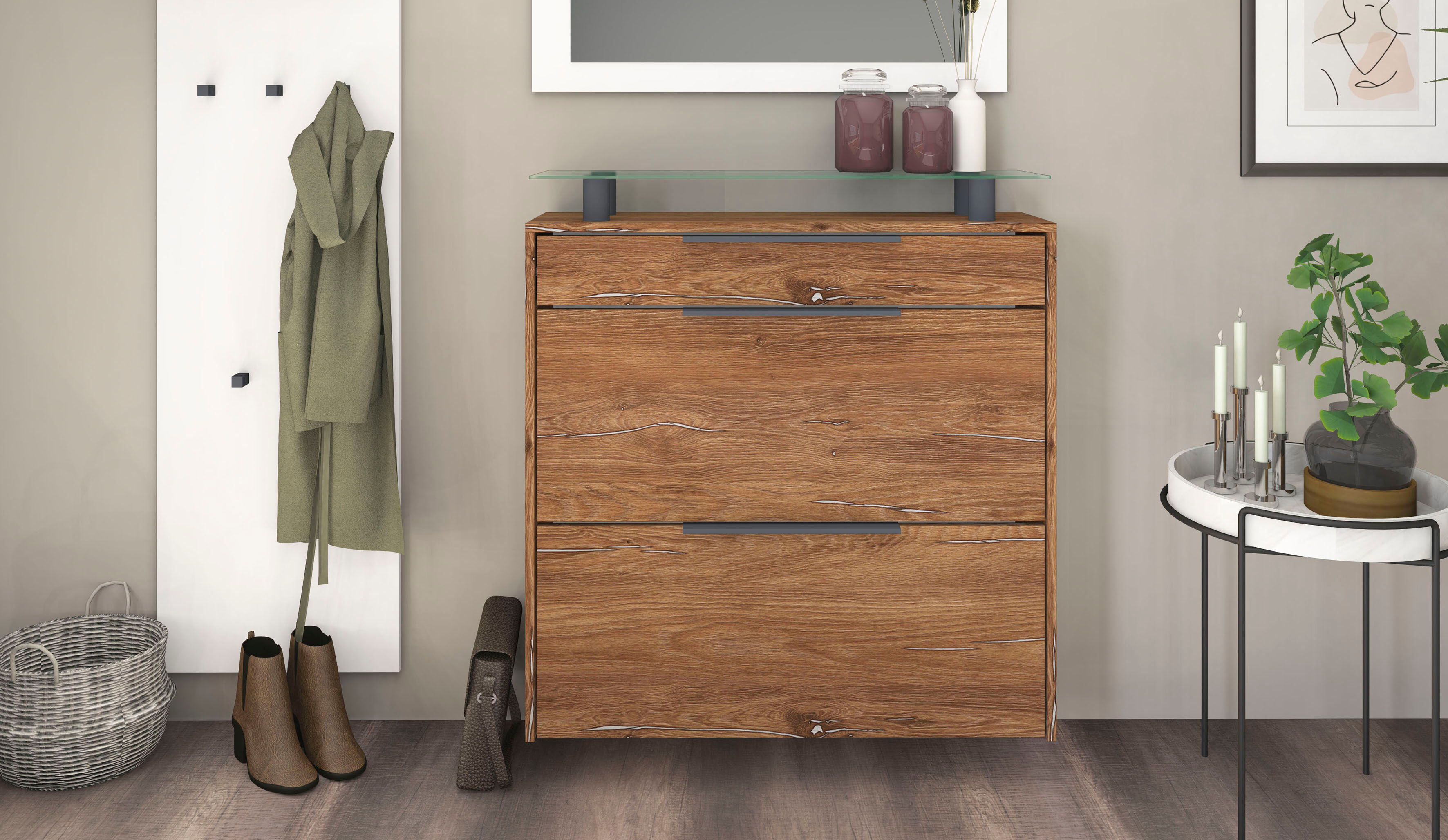 Schuhschrank BORCHARDT MÖBEL "Tom, Hängeschrank mit Glasablage und Metallgriffen", braun (eichefarben vintage), B:89cm H:96cm T:24cm, Holzwerkstoff, Schränke, Schuhschrank eichefarben vintage eichefarben vintage, B/H/T: 89cm x 96cm x 24cm, Schubladen: 1 S