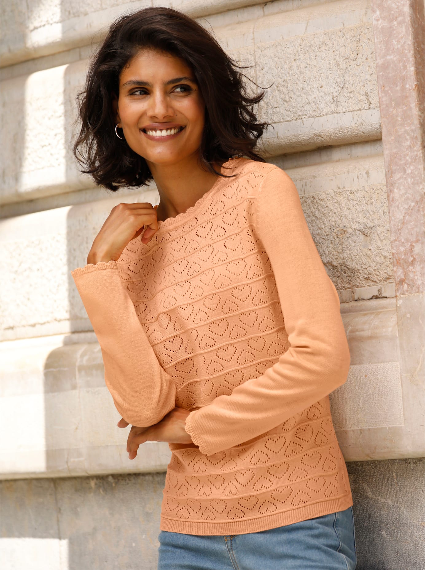 Strickpullover CLASSIC BASICS "Ajour-Pullover", Damen, Gr. 52, rot (apricot), 100% Polyacryl, unifarben, Pullover Strickpullover