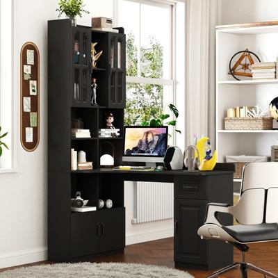 Abrihome 2-in-1 L-Shaped Modern Corner Computer Desk Study Table with Drawer and 4 Cabinets