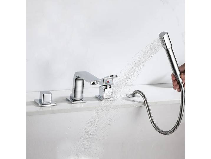 Robinet de baignoire de salle de bains, robinet de lavabo de pont/mélangeur de baignoire à main mural, robinet d'eau froide et chaude avec pomme de douche extractible 4 pièces/ensemble