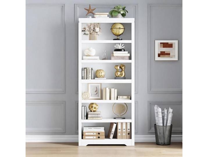 Bibliothèque ouverte style farmhouse - JoyGarden - 6 niveaux tablettes réglables MDF – Blanc chaud gaufré – L80 cm