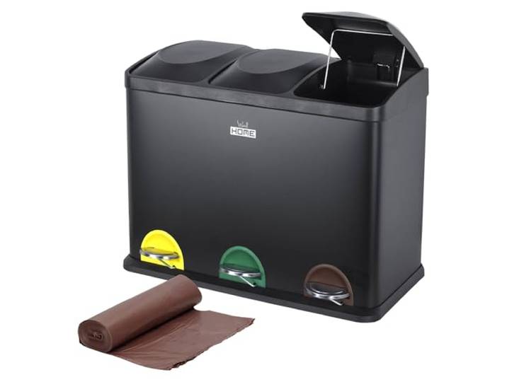 WELL HOME MOBILIARIO & DECORACIÓN Recyclingeimer, Schwarz, 45 l, 3 Fächer + Rolle mit 20 selbstschließenden Müllbeuteln, 20 l