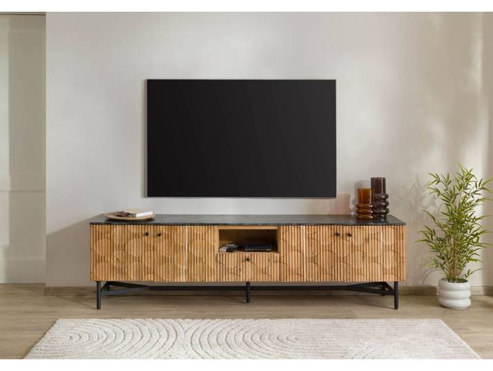 Meuble TV en bois d'Acacia 200x40x55 naturel laqué / marbre noir LONDON #106