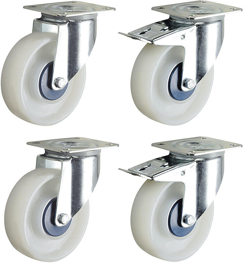 Polyamid-Rad-Set, weiß, 2 Lenkrollen, 2 Lenkrollen mit Doppelstopp, Rad-Ø x Breite 100 x 36 mm TENTE