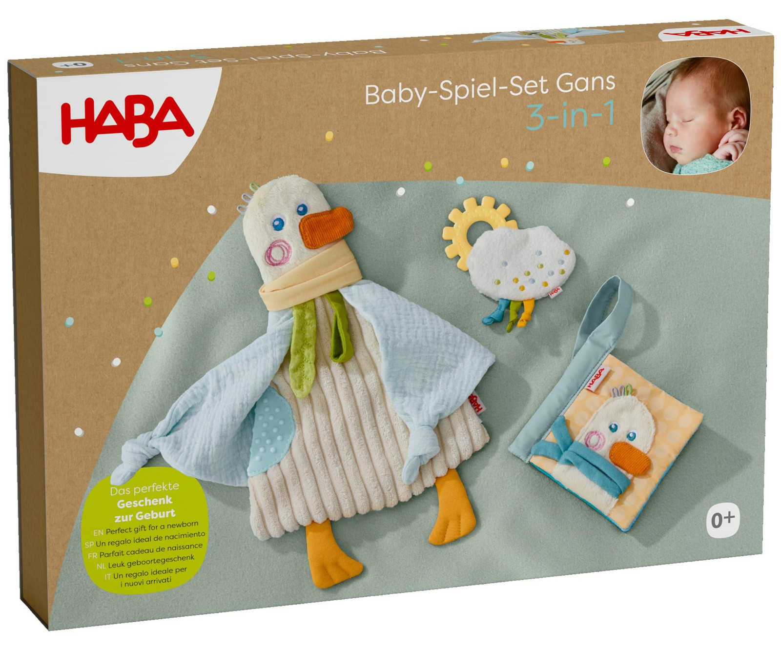 HABA Babywelt Baby-speelset Gans, 3-in-1 met fopspeenketting