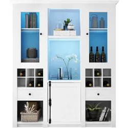 Merax Vitrine mit 7 Farben LED Beleuchtung Vitrinenschrank Standvitrine Stauraumvitrine Schrank Wohnzimmerschran Weiß