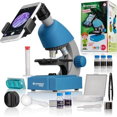 Bresser Junior 12869 - Kinder-Mikroskop (blau) mit 40-640x Vergrößerung mit LED, Zoom-Okular, Smartphonehalter und Urzeitkrebse-Set