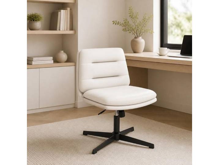 Fauteuil bureau - PAGE LIVING - Siège dossier confortable - Similicuir blanc - Base métallique croisée - Sans accoudoirs