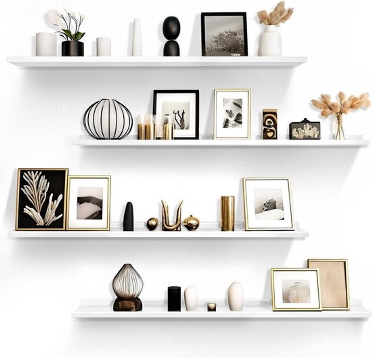 Set van 4 Zwevende Wandplanken Wit - Moderne Minimalistische Opbergplanken voor Woonkamer, Keuken, Slaapkamer en Badkamer