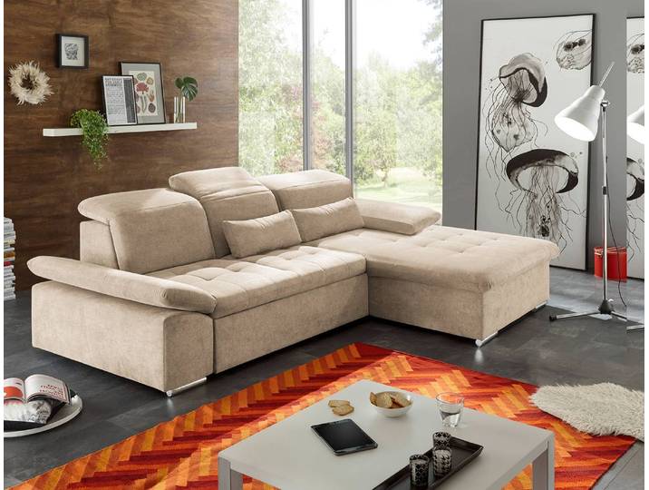 Ecksofa San Benito Beige Microfaser Ranu 276 x 104 x 188cm Longchair davorstehend rechts Modern