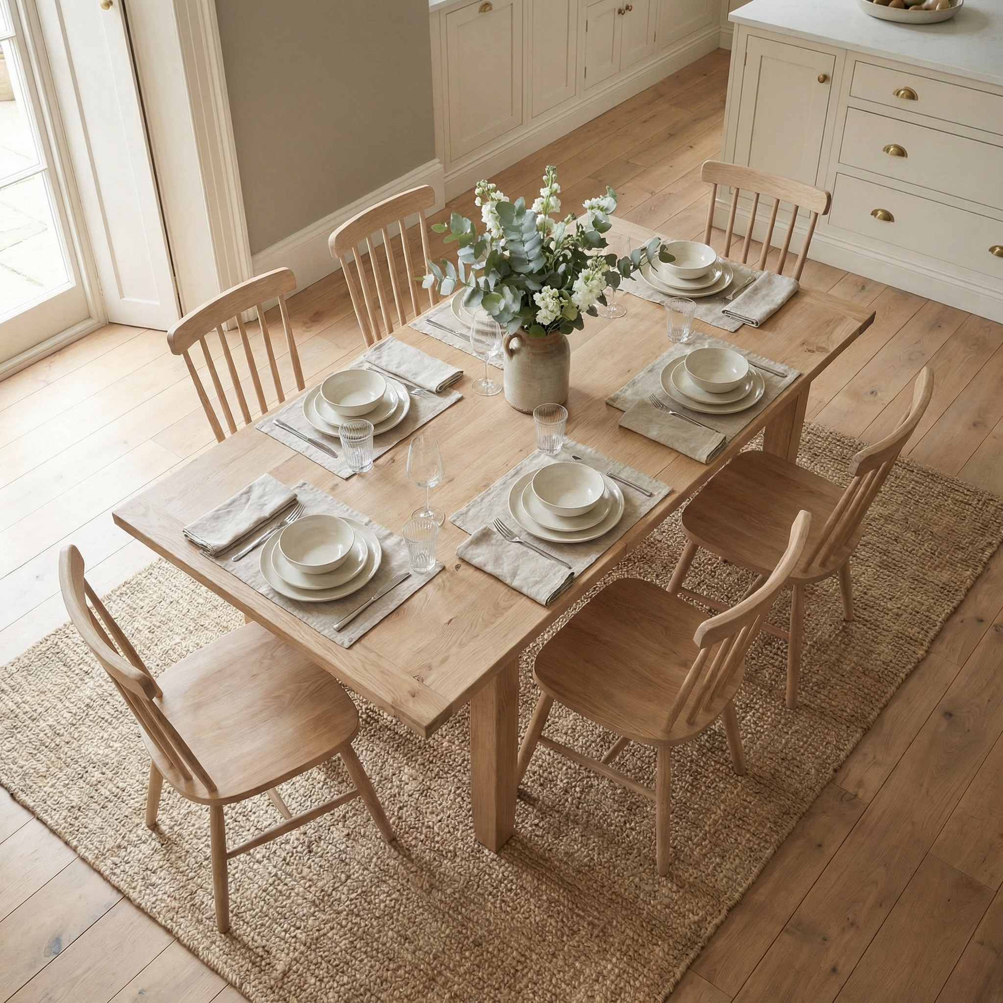Burford 6 Seat Extending Dining Set with Spindleback Dining Chair in Natural Oak