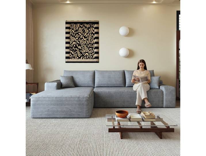 WOVREO Canape d'angle compresse modulaire 270 cm avec chaise longue reversible velours cotele gris