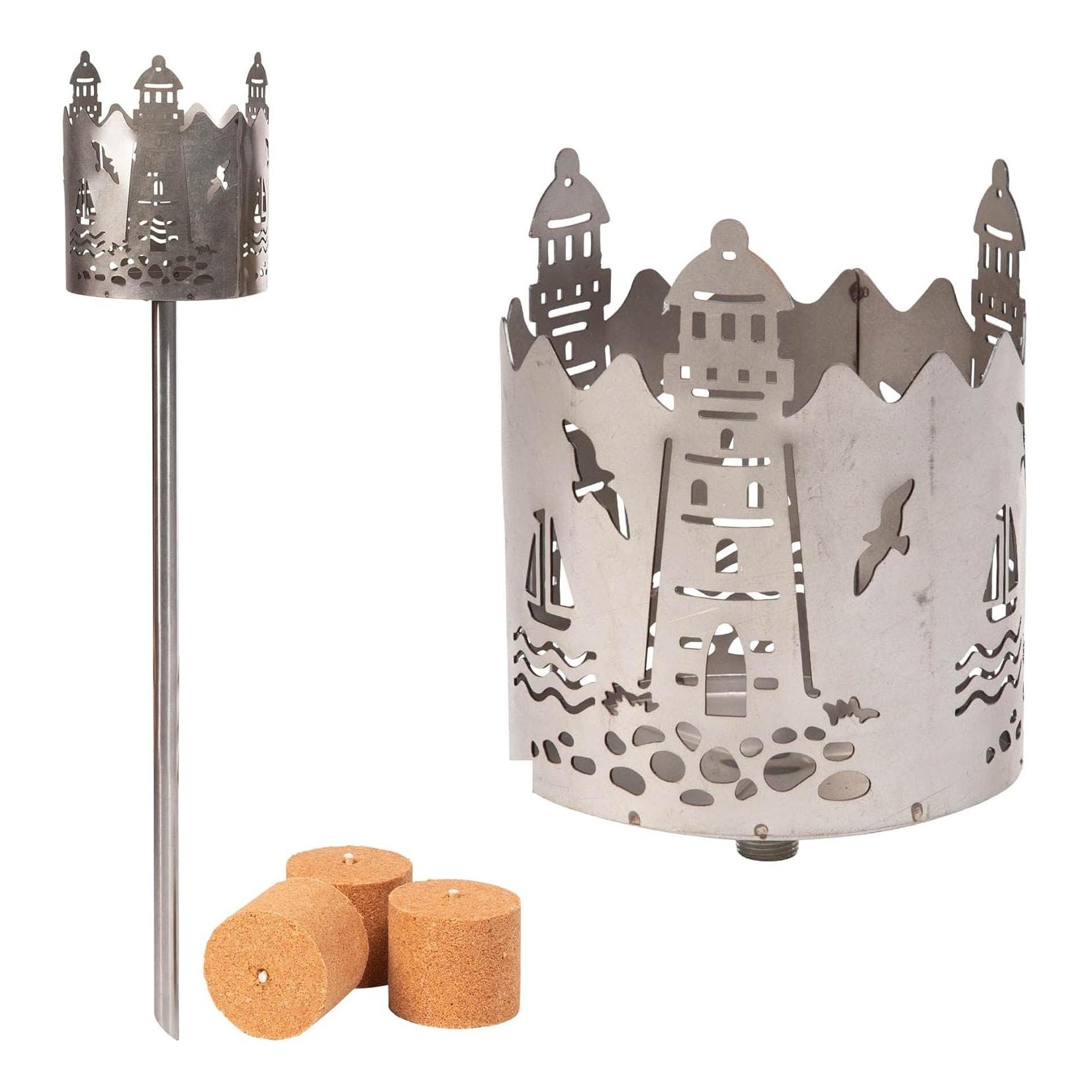 Gartenfackel für draußen Motiv Leuchtturm 3X Brennelemente - Holzspäne mit Wachs - Schwedenfackel Pelletfackel Feuersäule Flammschalen Wachsfackel Gartenleuchte