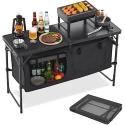 VEVOR Camping Küchentisch klappbarer Kochtisch Outdoor, 3-fach höhenverstellbar, tragbare Kochstation aus Aluminium mit Organizer & Tragegriff, für Grillpartys Picknicks Wohnmobilreisen Schwarz