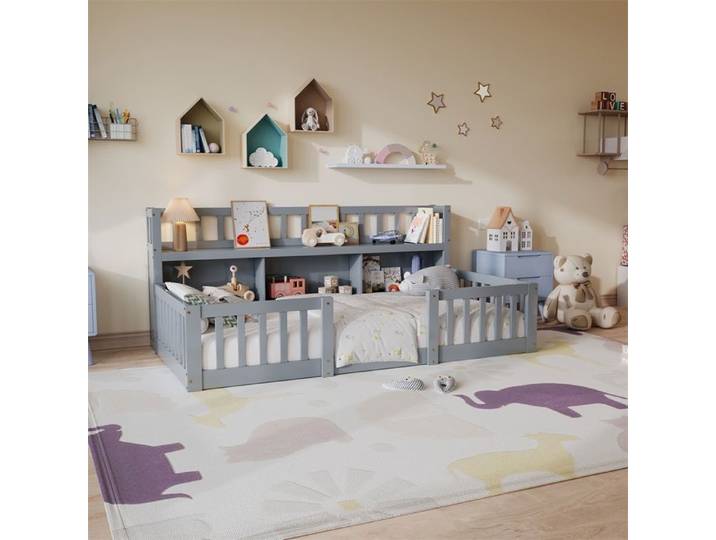 Lit Enfant 90x200 - Lit Junior avec Barrières de Sécurité et Bibliothèque Pin Massif Sommier Inclus Design Moderne - Gris