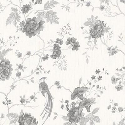 Vliestapete BOUTIQUE "Vogel & Blumen", silber, B:0,53m L:10m, Vlies, Tapeten, Weiß/Silber - 10m x 52cm