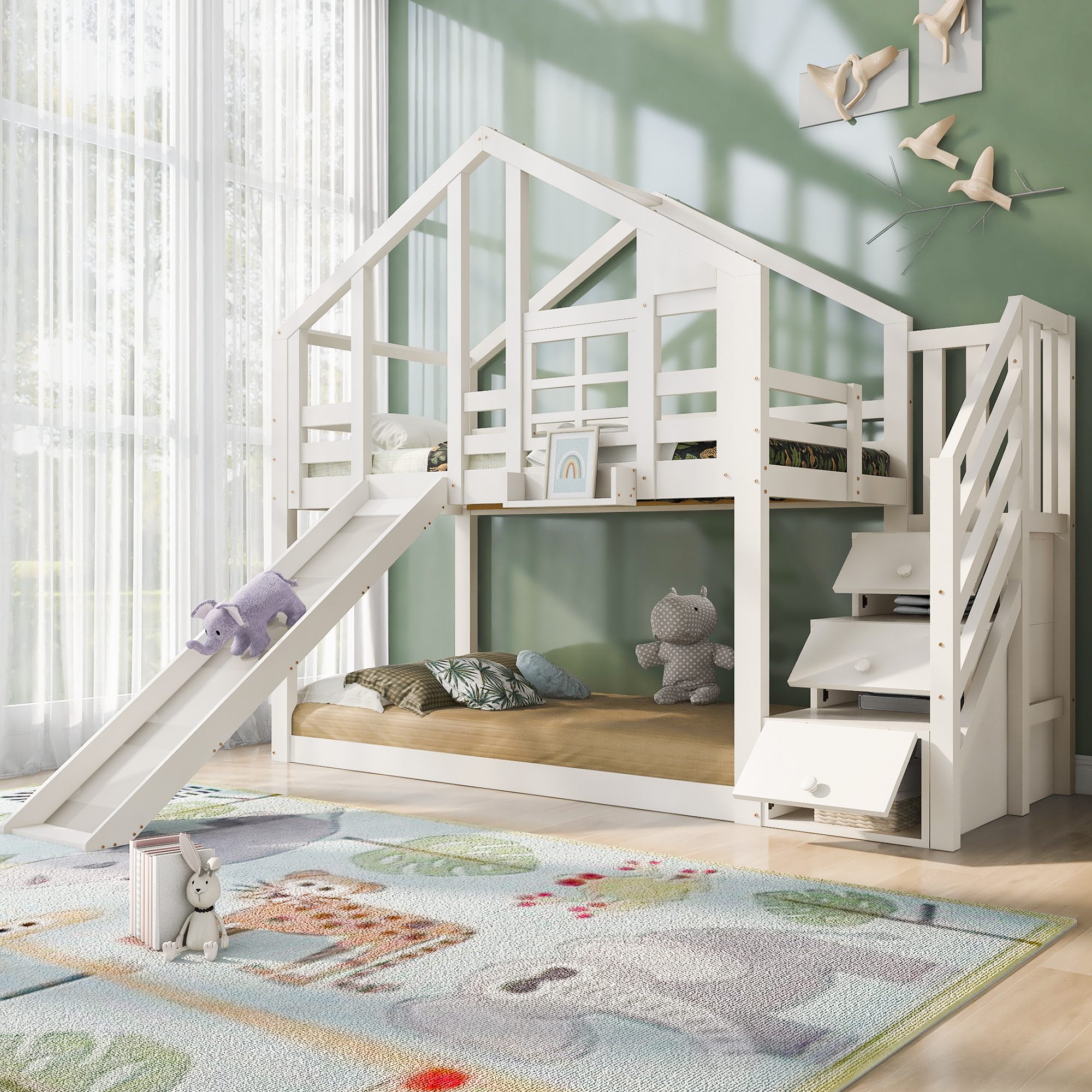 MODFU Etagenbett Kinderbett 90 x 200 cm mit Schublade, Hochbett mit Rausfallschutz, Baumhaus Hausbett für Kinder mit 2x Lattenrost, Weiß(mit matratze)