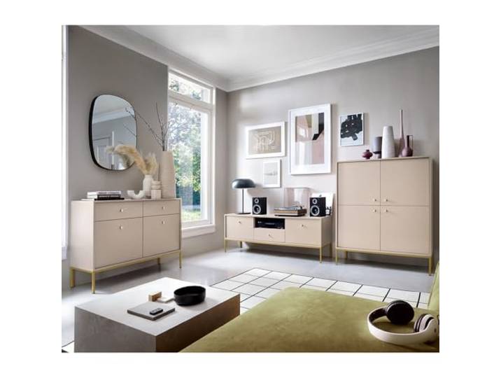Lomadox Wohnzimmermöbel Wohnwand beige, Fußgestell goldfarben 3-teilig, 1 Kommode, 1 Lowboard, 1 Highboard