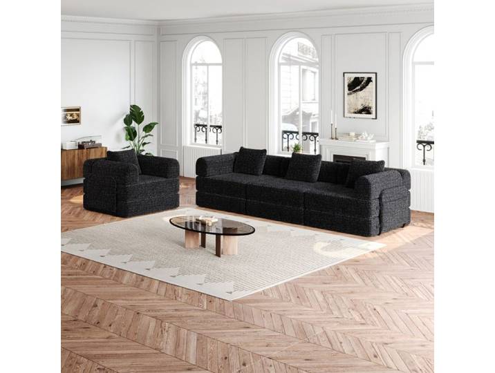 Canapé modulable 4 places - Canapé modulable 4 places - Canapé‑lit 2-en-1 - Tissu chenille - Compartiment accoudoir