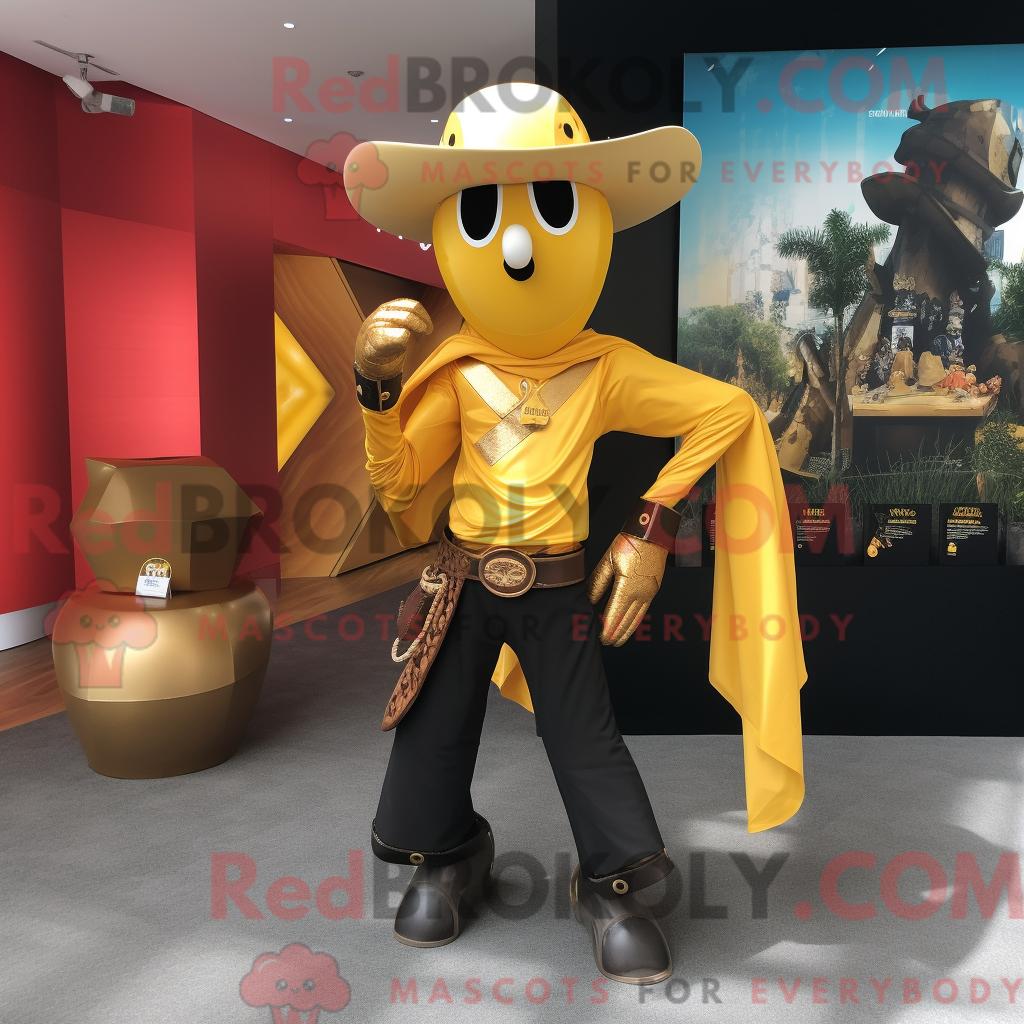 Maskottchen REDBROKOLY eines goldenen Cowboys mit Yogahose und Handtasche
