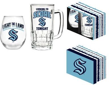 Evergreen Stemless 17 oz Stemless Wine Glass and 16 oz Beer Mug Gift Set, Seattle Kraken