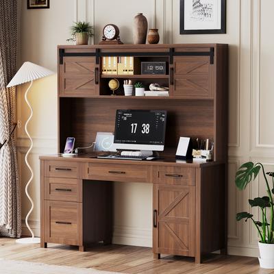 Aura Farmhouse Executive Desk with Hutch, 5 Drawers, USB Charging