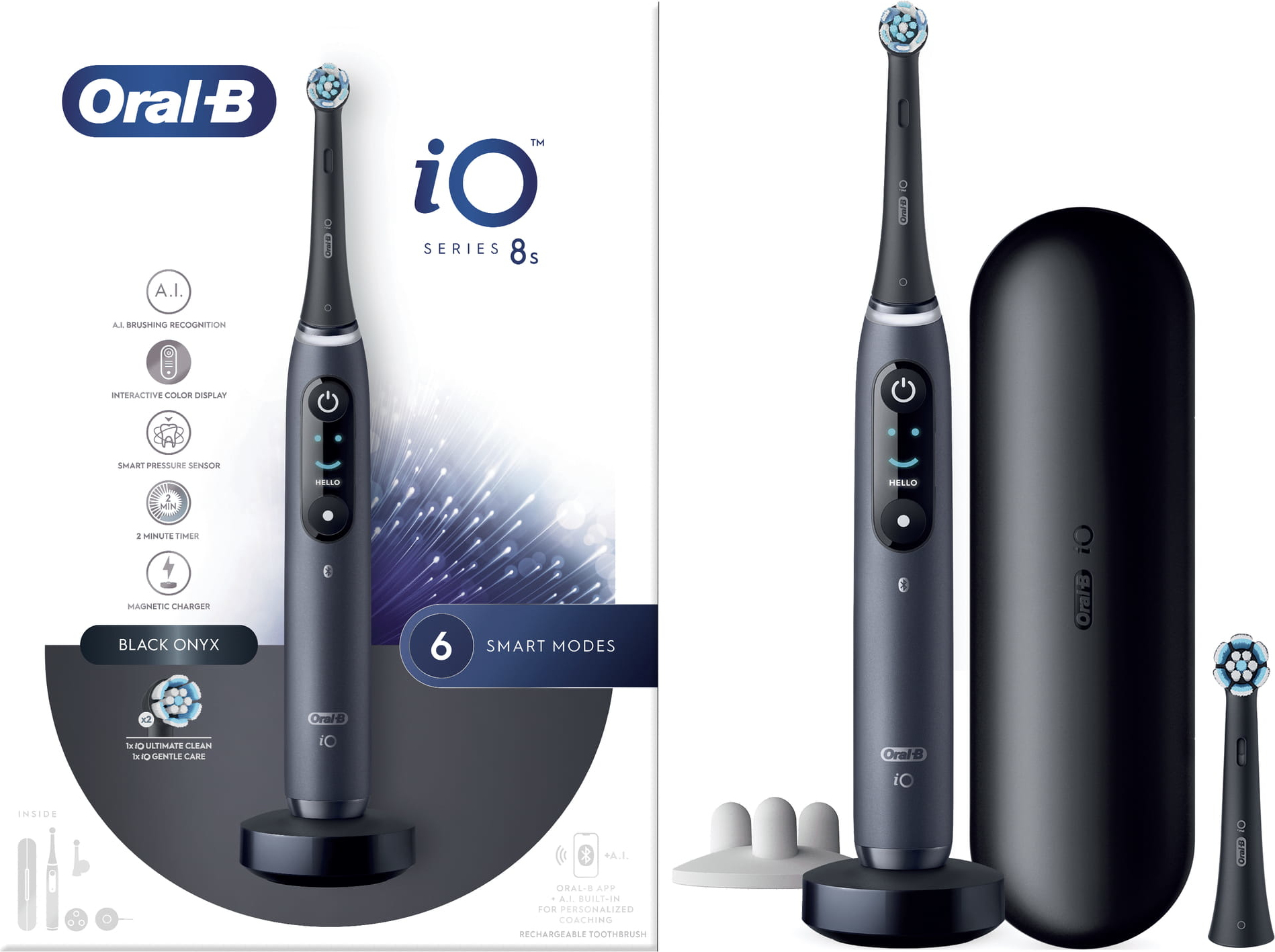 Oral-B iO 8S, Erwachsener, Vibrierende Zahnbürste, Tägliche Pflege, Tiefenreinigung, Zahnfleischpflege, Sensibel, Super sensitive, Whitening, Schwarz, 2 min, Schwarz