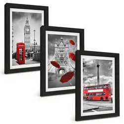 BILDER SET 3er Set - 20x30 cm Schwarzer Rahmen - Roter Regenschirmstand und Londoner Bus