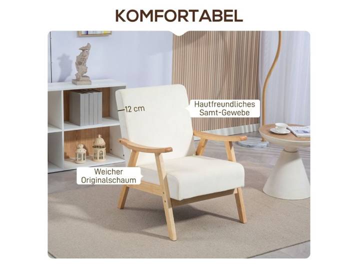 BEL Fauteuil nordique inclinable accoudoirs coussin structure bois aspect velours chambre/salon blanc crème