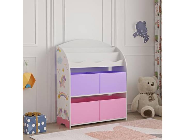[en.casa] Kinder Bücherregal Orust Kinderregal mit Einhorn Motiv Spielzeug Aufbewahrung 97,5 x 82,5 x 29,5 cm Kinderzimmer Regal mit 4 Aufbewahrungsboxen Weiß/Lila/Rosa
