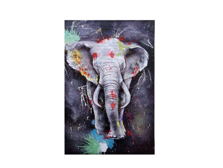 Jamb Ölgemälde Elefant Handgemalt Mehrfarbig, Mehrfarbig, Textil, 120x180 cm, Bilder & Rahmen, Bilder, Ölbilder