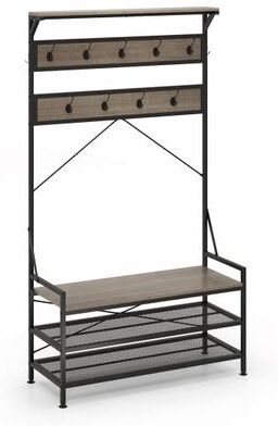 Costway Coat Rack 4-In-1 Hall Tree with 11 Hanging Hooks Shoe Bench-Gray