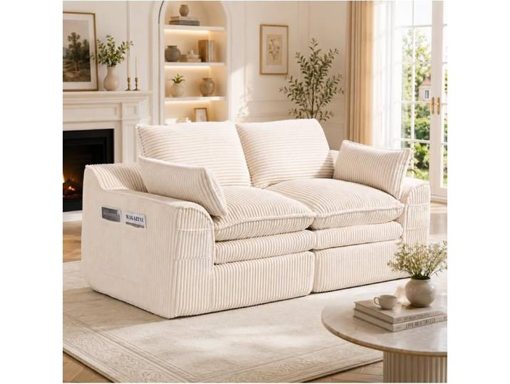 ROVRYN Canape compresse 2 places modulable en velours cotele beige avec coussins et poches laterales
