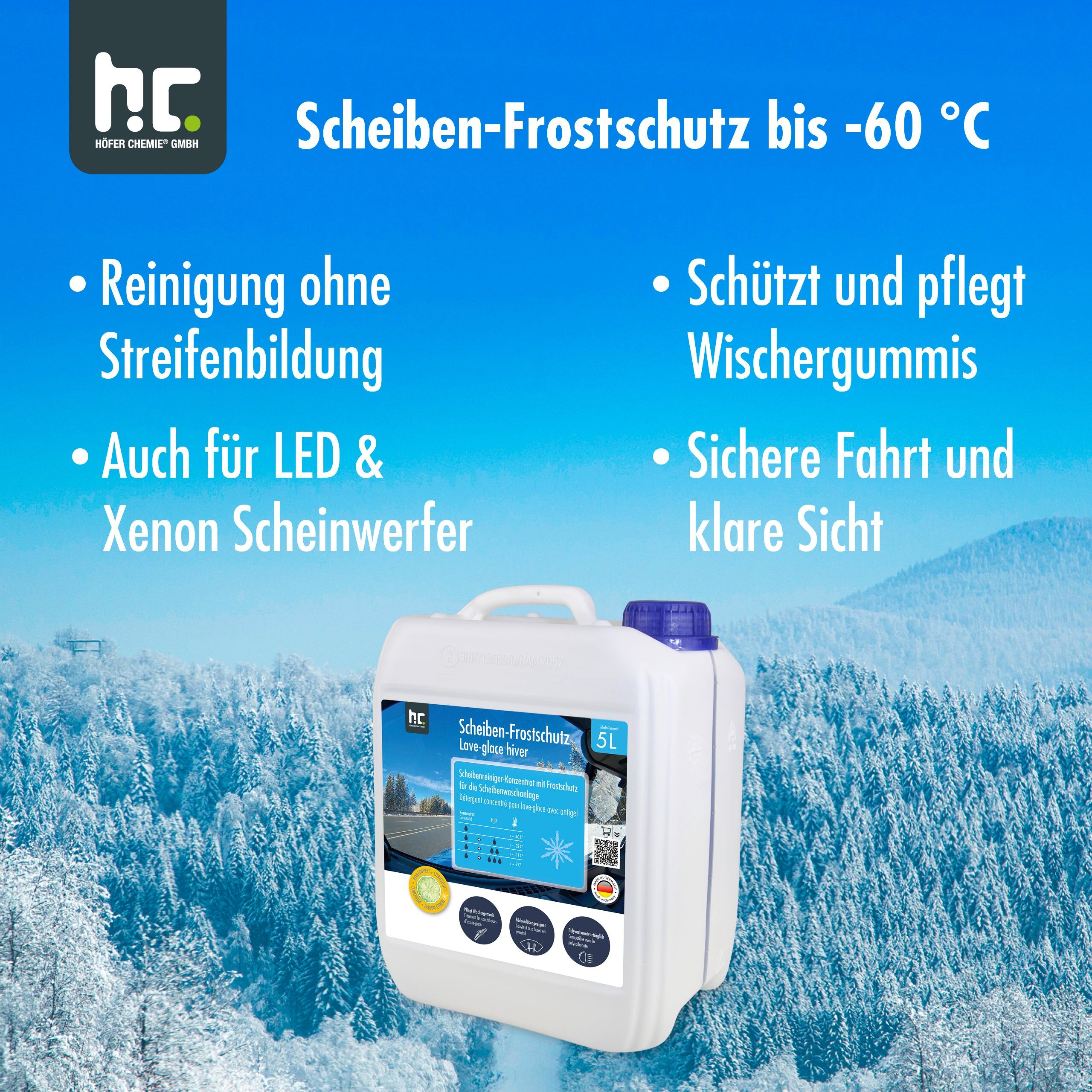 Höfer Chemie GmbH 1x 5 L Liquide lave-glace antigel concentré jusqu’à –60 °C en bidon de 5L