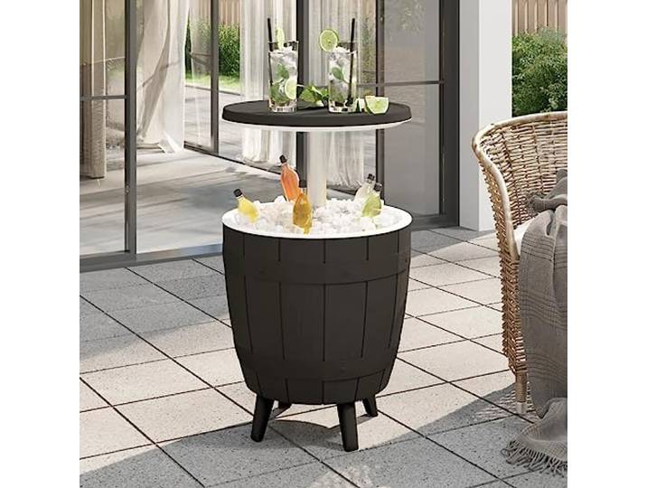 HGKMBRY 3-in-1 Tisch mit Eiskühler Schwarz Polypropylen Holz-Optik Design, Ablaufstöpsel, Drehverschluss, für Gartenparty und Terrasse