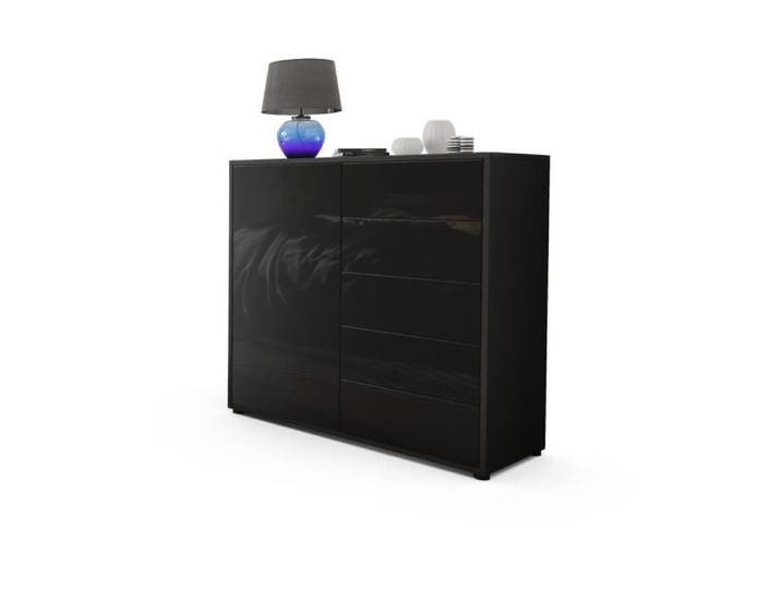 Vladon Commode Buffet Ben V2 Corps en Noir mat - Façades en Noir haute brillance