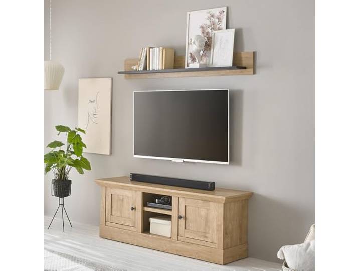 Lomadox Wohnwand Wohnzimmer-Set in Eiche mit schwarz 2-teilig, Landhausstil, 1 Lowboard & 1 Wandboard