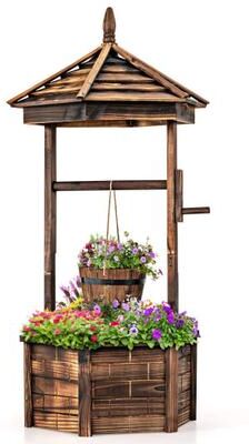 Costway Rustic Wooden Wishing Well with Adjustable Hanging Bucket-Brown
