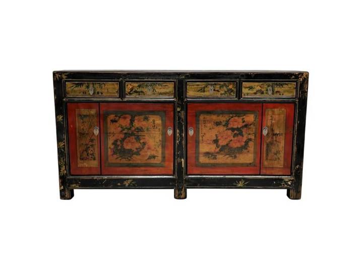 Fine Asianliving Buffet Chinois Ancien Rouge Fleurs Peintes à la Main L164xP40xH81cm