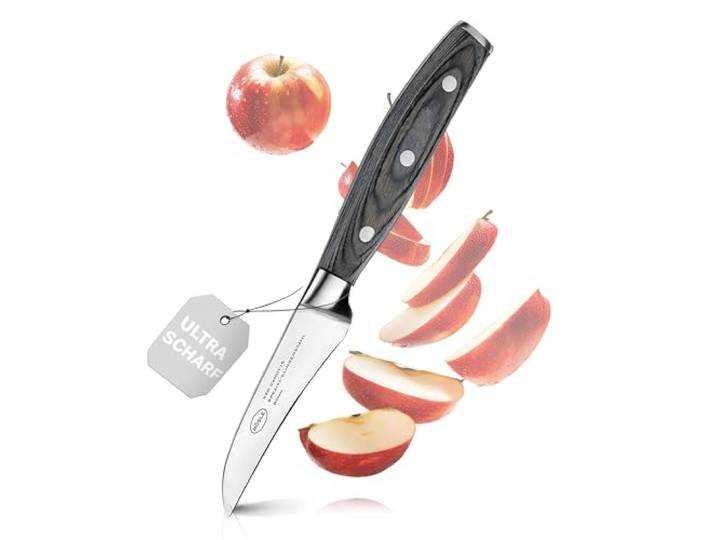 RÖSLE Schälmesser WOLFGREY 8 cm, gebogene Klinge mit Pakkaholzgriff