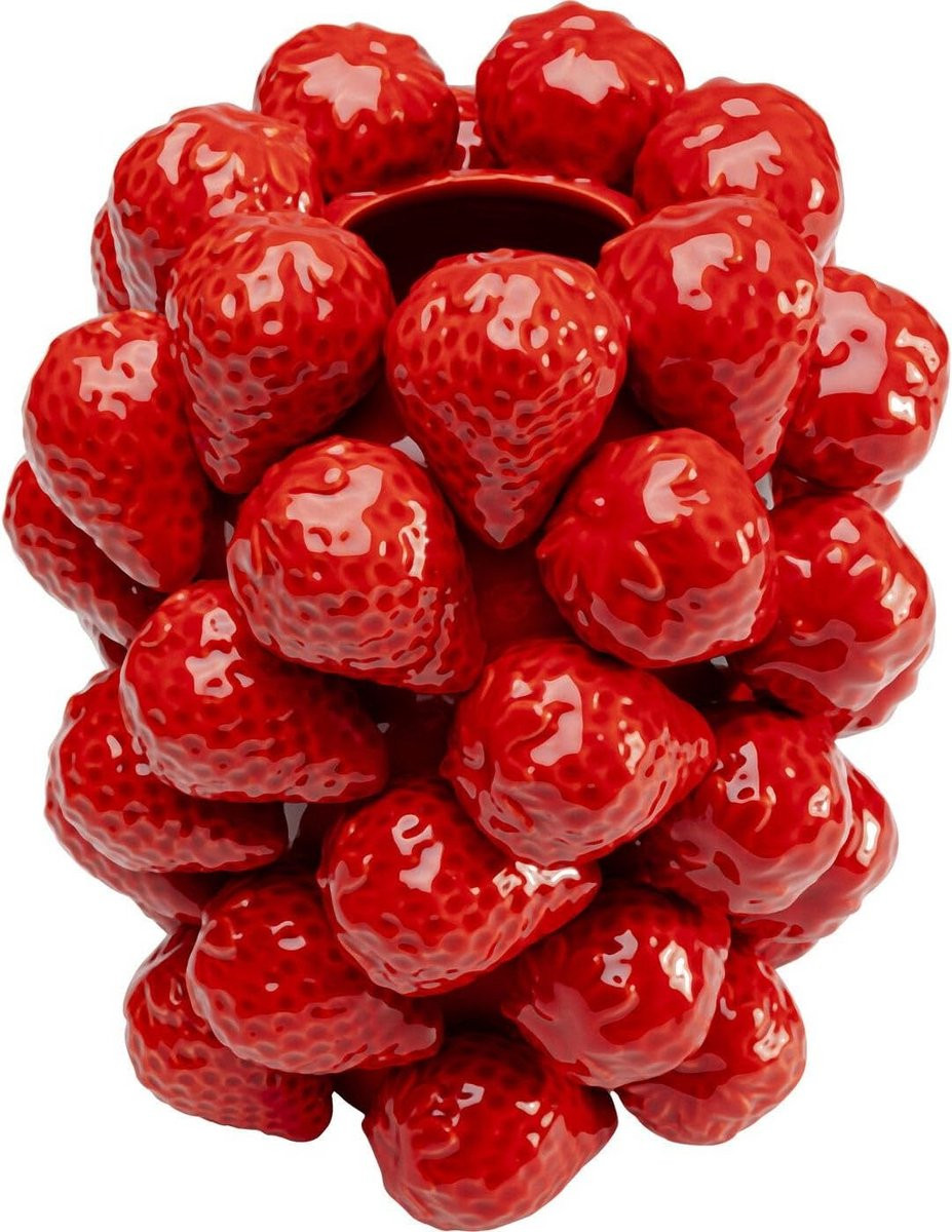 Handgemaakte porseleinen vaas met rood aardbeienmotief en uniek glazuur