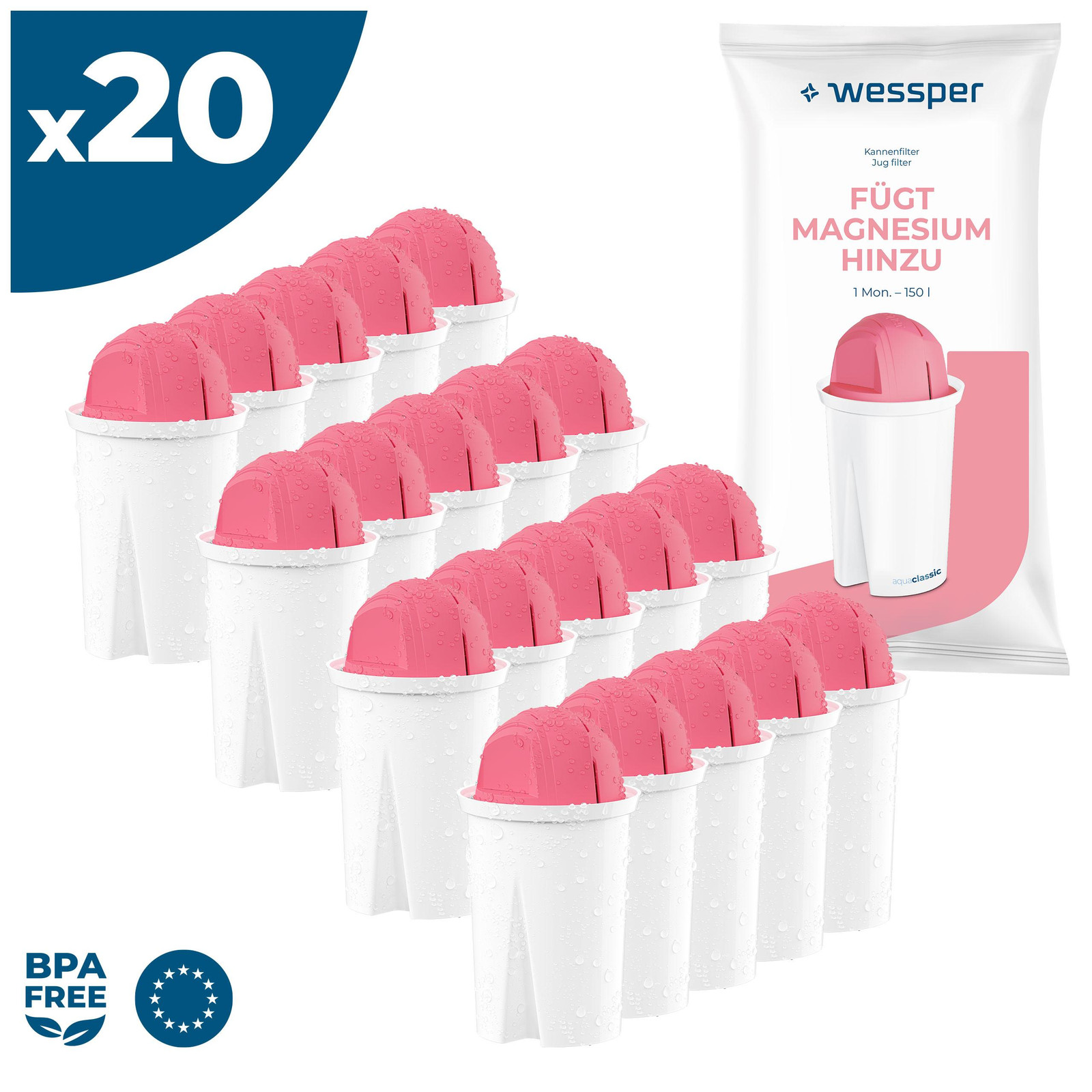 Wessper Classic waterfilterpatronen met magnesium, verpakking van 20 stuks, vervanging voor Aquaphor Standard, Brita Classic en Dafi Classic filterpatronen