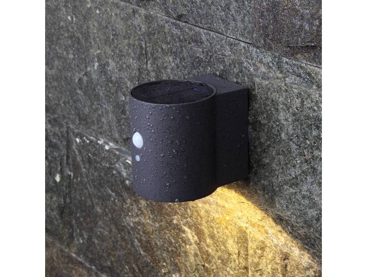 MEGATRON Megatron Loky LED-Solarwandleuchte, Sensor, rund, schwarz, Aluminium, Solarleuchte außen