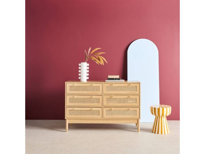 Commode décor bois et cannage 6 tiroirs teinte naturelle