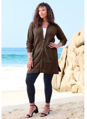 Plus Size Women's Waffle Mega Length Zip Hoodie by Roaman's in Chocolate (Size 18/20)
