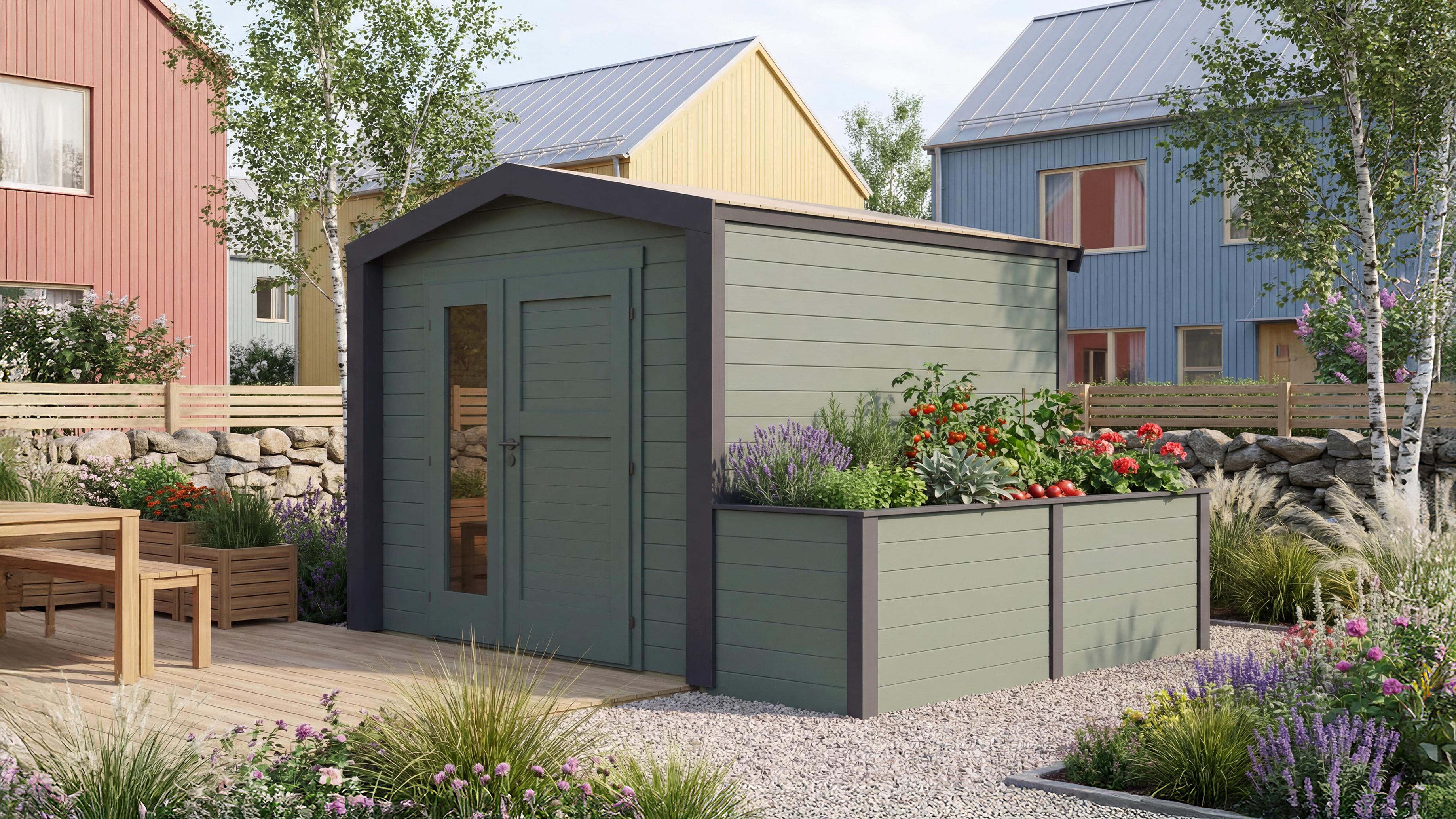Gartenhaus Killarney, 250x250cm, Grüngrau, 28mm, Hochbeet