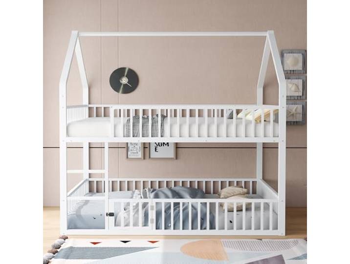 Bellemave Kinder-Etagenbett 140×200 cm, Metallrahmen, Stockbett, Weiß Etagenbett im Haus-Design, mit Kletterleiter und einer kleinen Tür, Kinder-Familienbett, ohne Matratze