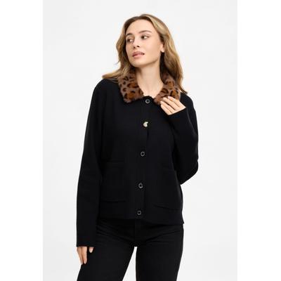 Cardigan FRIEDA & FREDDIES "Frieda & Freddies Strickjacke mit Leo-Fake-Fur-Kragen", Damen, Gr. 34, schwarz, 49% Viskose, 27% Polyester, 24% Polyamid, Strickjacken