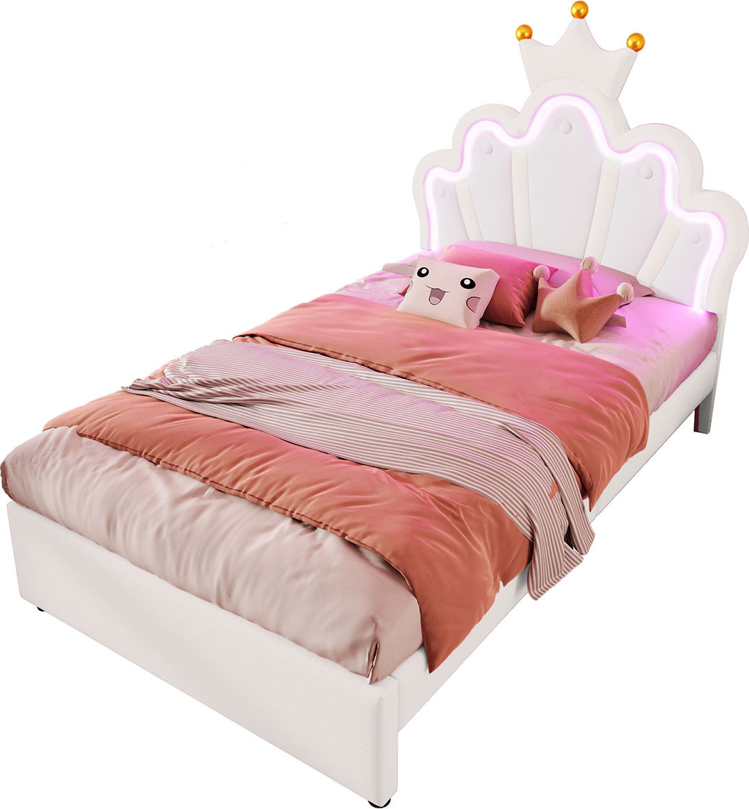 Kinderbett mit 2 Schubladen Ferngesteuertes Ambientelicht und Verstellbares Kopfteil Polsterbett Jugendbett 90x200cm Weiß